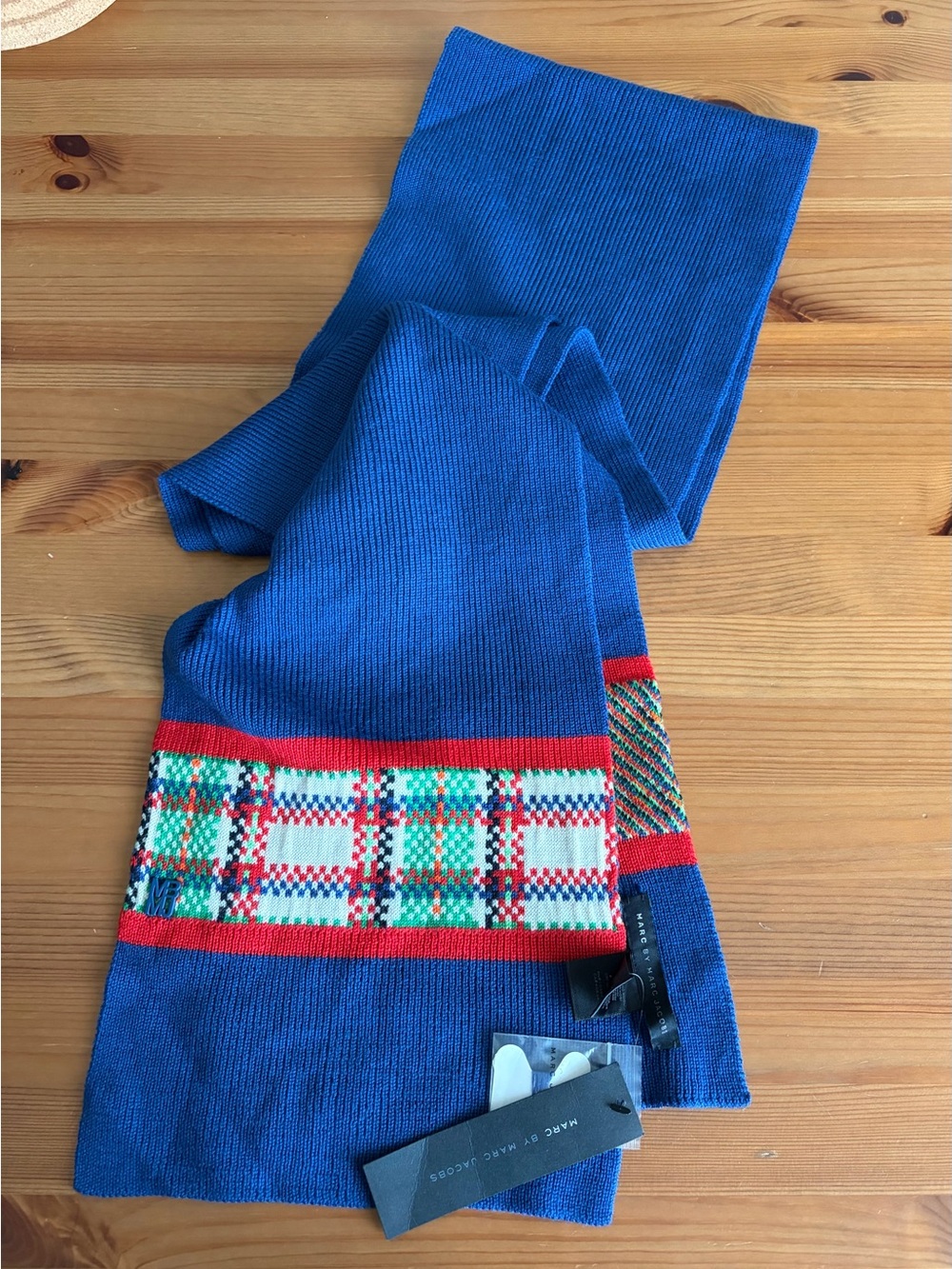New with Tags NWT Marc By Marc Jacobs Blue Plaid Merino Wool Knit Scarf